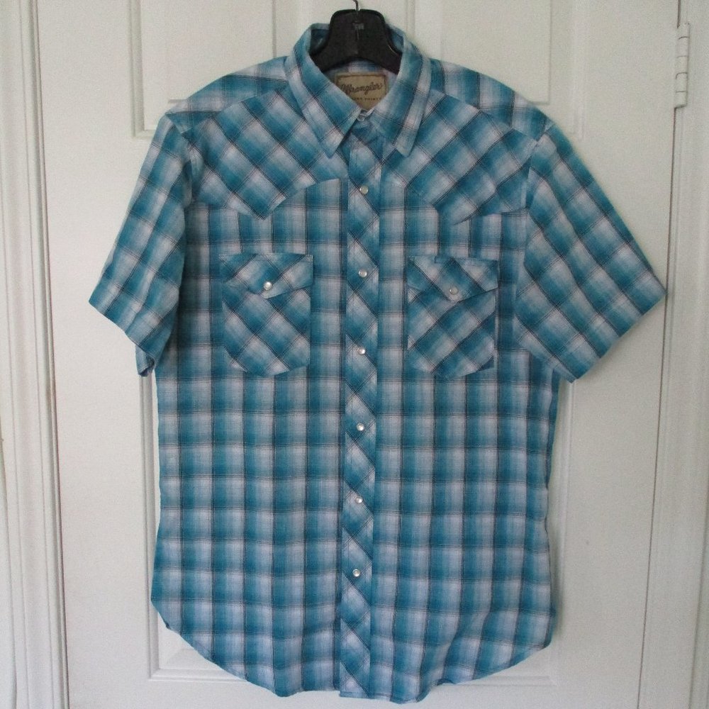 Wrangler Mens S/S Blue Plaid Western Pearl Snap Casual Shirt - Size Medium